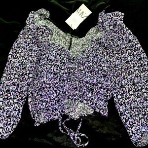 Zara long sleeve floral blouse (black and purple)